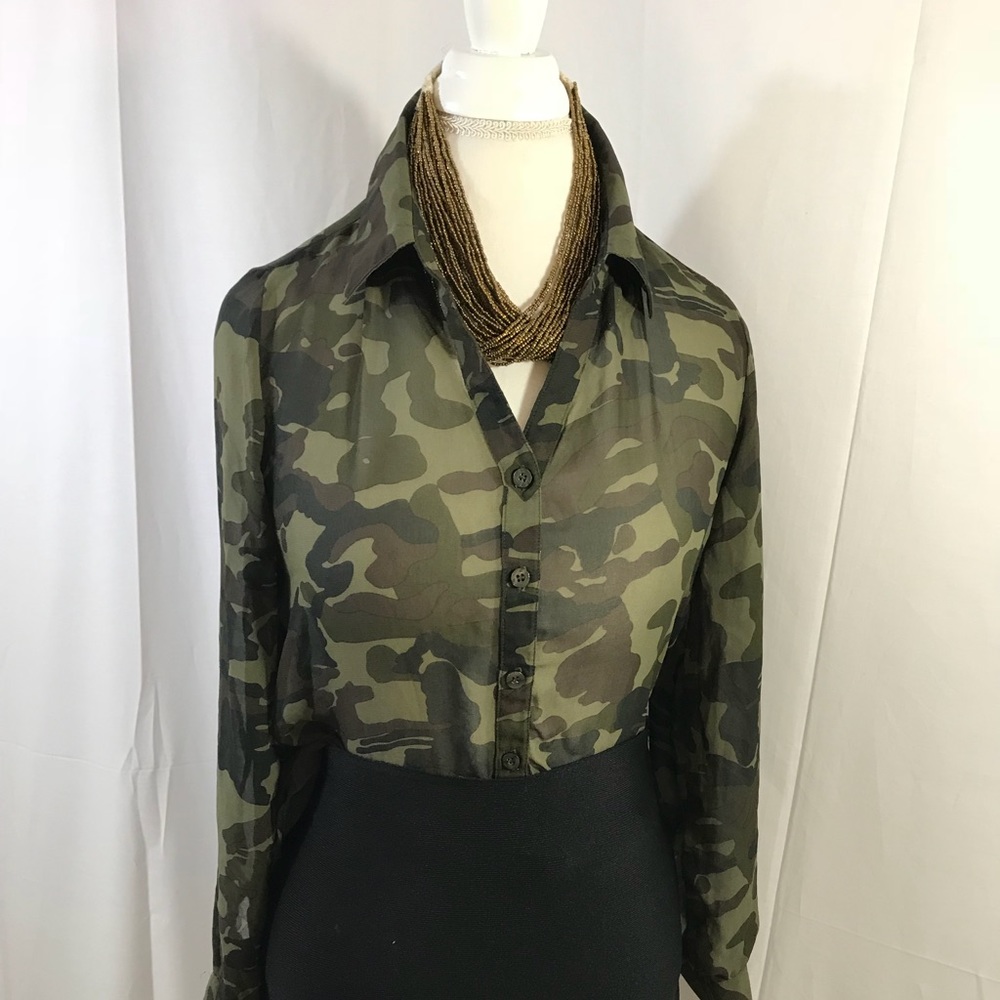 Papaya Camo-Button Down Sheer Top